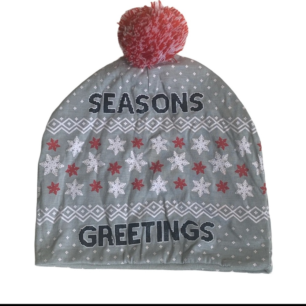 Christmas Beanie Pom Hat Skull Cap Season Greetings OS Unisex Gray Snowflake